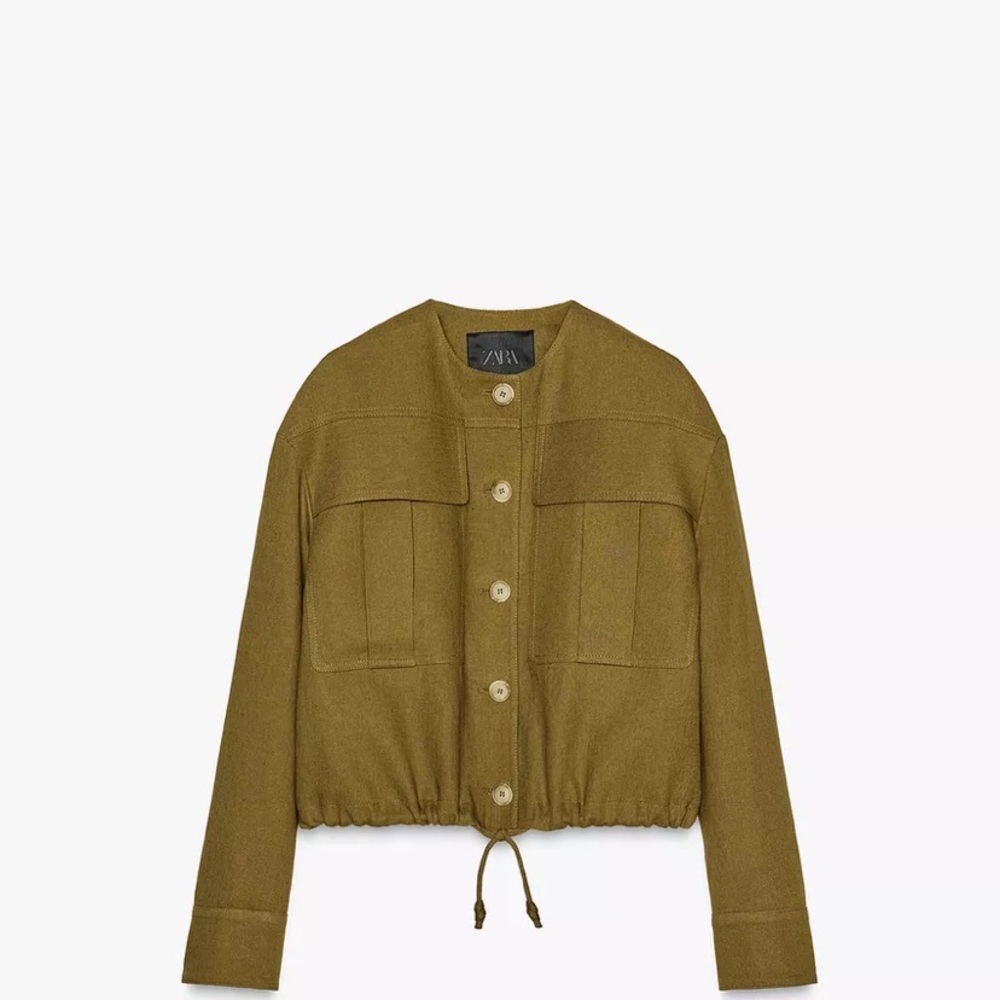 Zara Khaki Linen Utility Jacket for Women